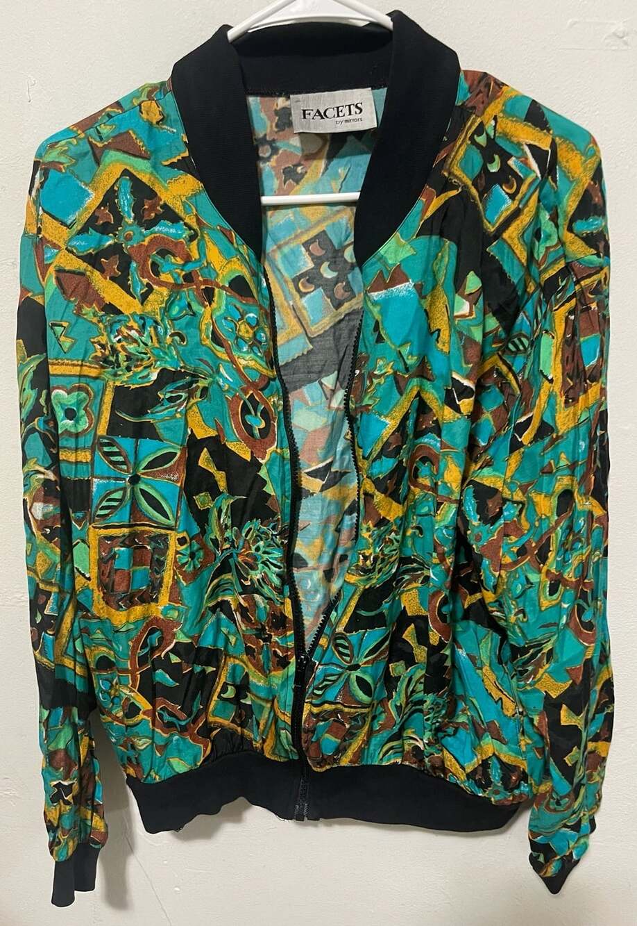 Facets by Mirrors Bomber Jacket Size Large Geometric Print Rayon Cotton